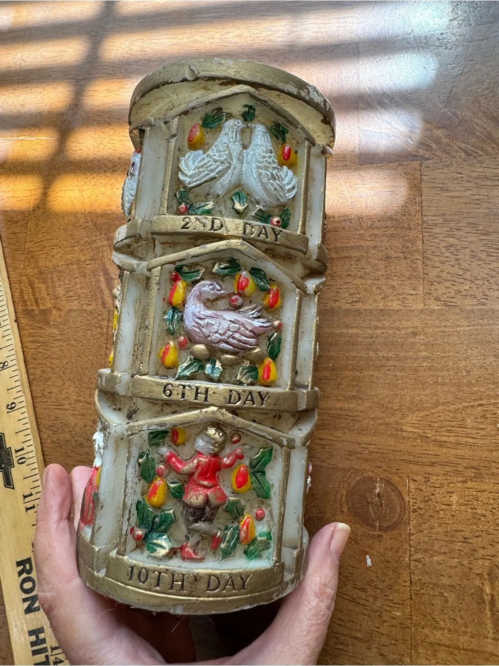 Vintage Pillar Candle 12 Days of Christmas 9”